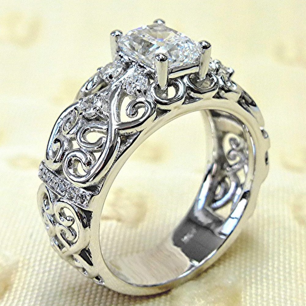 😍NEW DIAMOND DAINTY RADIANT CUT CARVED 925 STERLING SILVER ETERNITY RING, K997